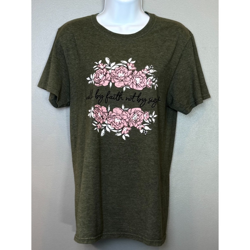 Jerzees Walk by Faith Not by Sight Floral Graphic T-Shirt Olive Green Small Chri